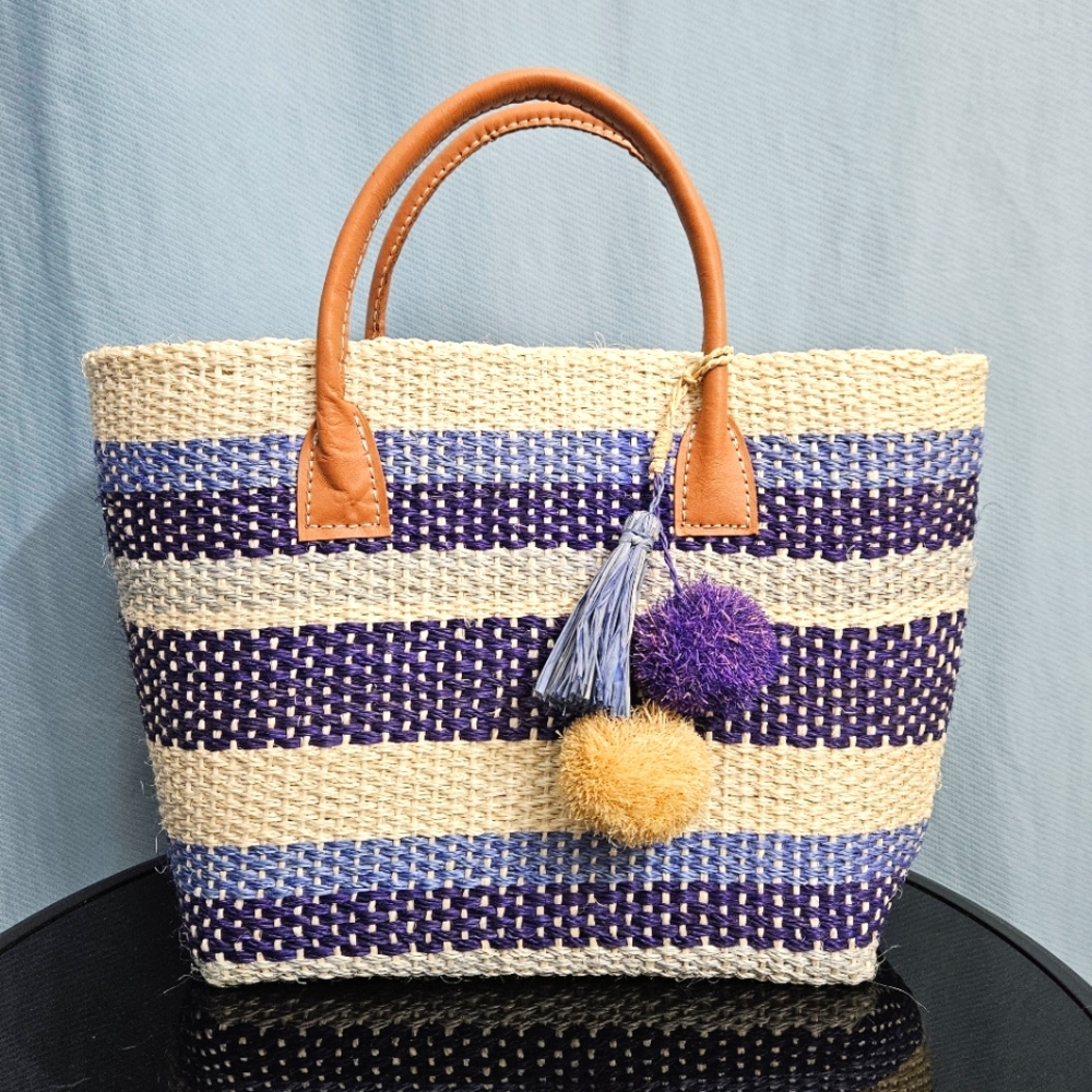 NWT BujiBaha by Hat Attack Straw Small Provence Tote Blues Stripes